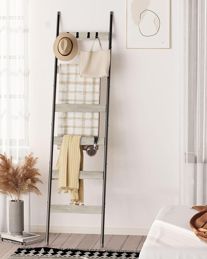 Blanket Ladder, 6-Tier Towel Holder with 4 Removable Hooks, Farmhouse Wall Leaning Decorative Rack Shelf, Wooden Towel Display Rack, Quilt Ladder for Living Room, Bedroom, Greige
