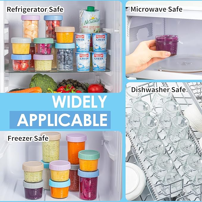 DRKIO 12 Pack Glass Baby Food Storage Containers - 4 & 8 oz Baby Food Jars with Lids Baby Food Maker Microwave Dishwasher Freezer Safe 100% Leak Proof BPA Free Reusable