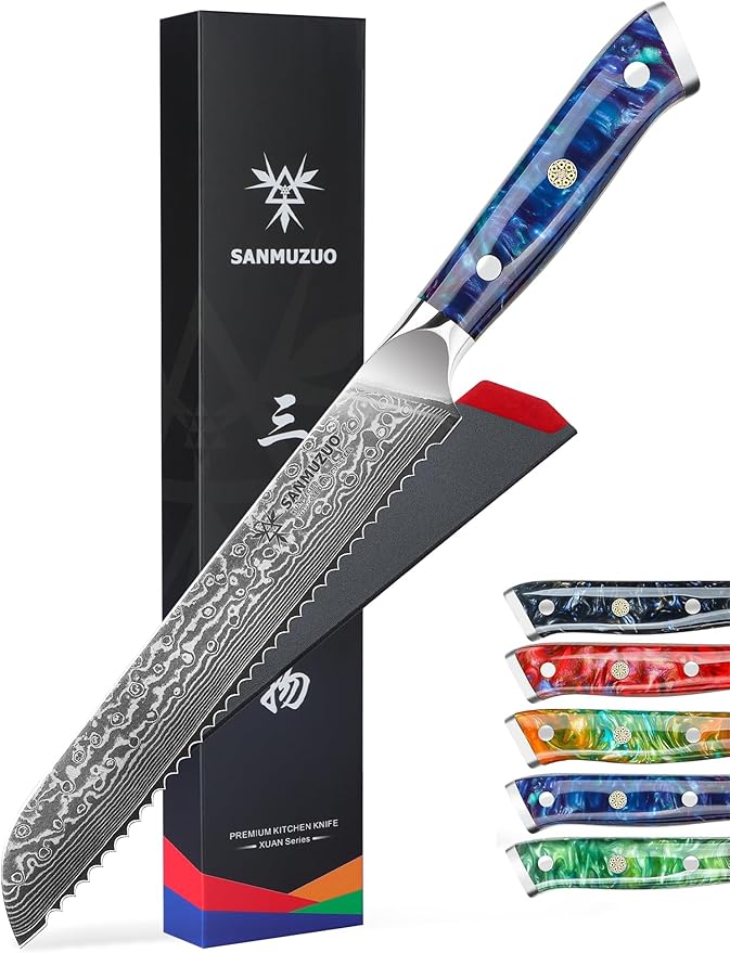 SANMUZUO 8” Bread Knife Serrated Kitchen Chef Knife- Damascus Steel & Resin Handle - Xuan Series (Sapphire Blue)