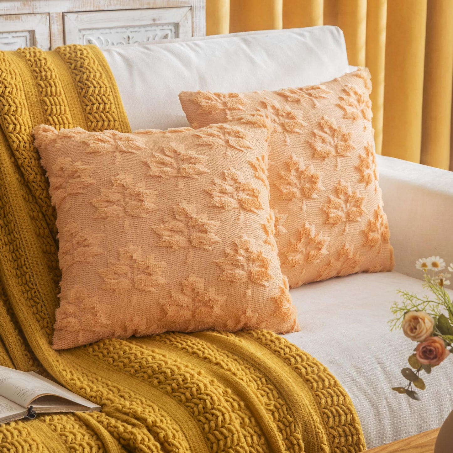 COSIBONO Maple Leaf Fall Throw Pillow Covers 20"x20" Set of 2, Light Gold Farmhouse Decorative Pillow Covers for Autumn Harvest Holiday Accent Pillow Cases, Faux Fur Pillow Covers for Couch Bed Room