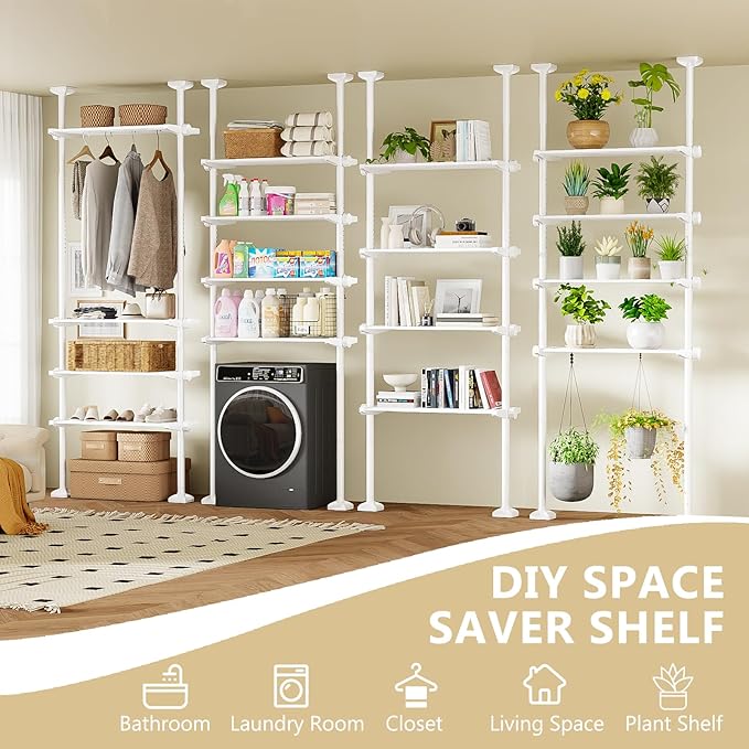 Bonpally Over The Toilet Storage Shelf, 4-Tier Adjustable Bathroom Organizer, No Drill Tension Mounted Shelves Metal, Space-Saving Bathroom Cabinet Rack Above Toilet for Small Bathroom Rooms, White