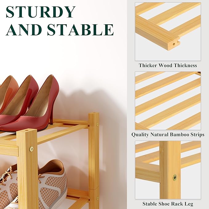 Smiry Shoe Rack, 4 Tier Small Bamboo Shoe Organizer, Stackable Free Standing Wooden Shoe Storage Shelf for Closet, Entryway, Front Door Entrance, Natural