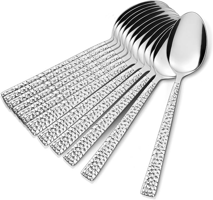 E-far Hammered Dinner Spoons Set of 6, 7.9 Inch Stainless Steel Soup Spoons Tablespoons for Home, Kitchen or Restaurant, Non-toxic & Mirror Polished, Squared Edge & Dishwasher Safe