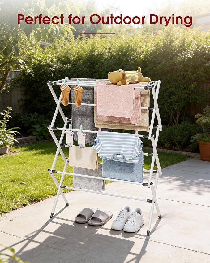 Foldable Clothes Drying Rack – Metal Laundry Drying Rack with Non-Slip Feet, 3-Tier Space-Saving Clothing Rack for Laundry Organization, Indoor & Outdoor Use, 11.4"D x 29.1"W x 37.4"H, White