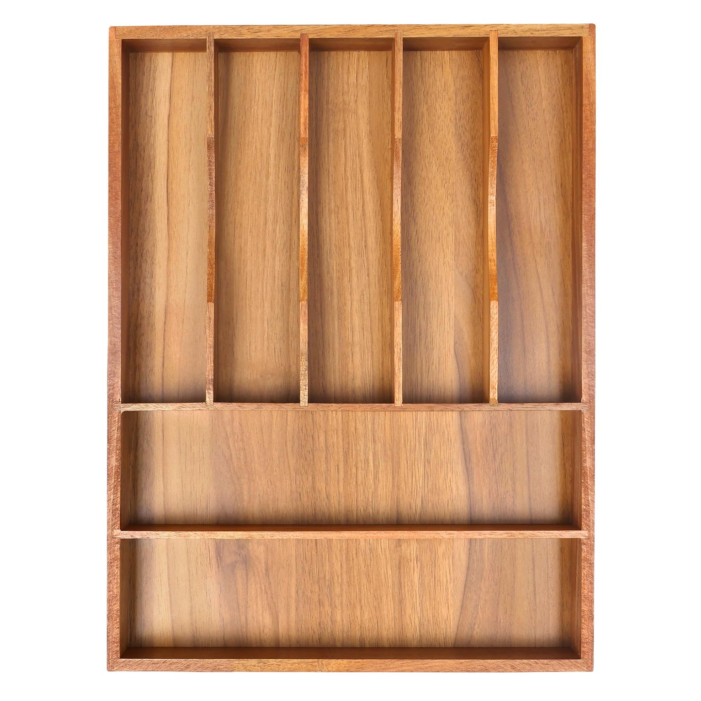 Bellsal Large Premium Acacia Wood Silverware Organizer - Expandable Utensil Drawer Organizer - 17"x19.6" Utensil Holder and Cutlery Tray with Grooved for Kitchen Flatware Utensils(7-9 Slot, Acacia)