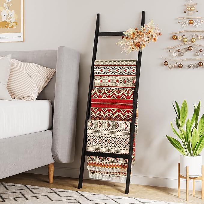 Blanket Ladder Towel Racks For Bathroom 5 Layers Towel Holder 100% Bamboo Wood Sturdy Construction No Need Wall Drilling Quilt Scarf Storage Solution Decorative Leaning Shelf for Living Room (Black)