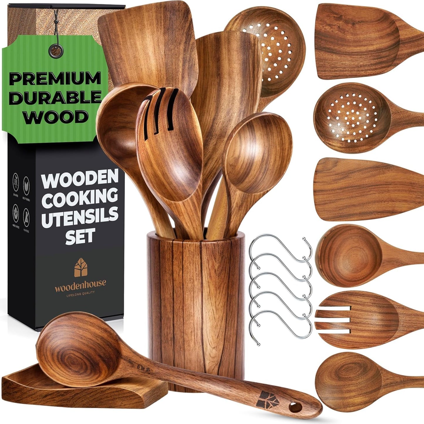 Wooden Utensil Set, 8 Pcs Teak Wooden Spoons for Cooking with Holder