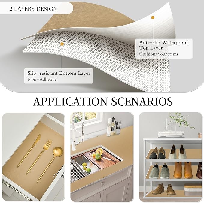 Beautysaid Shelf and Drawer Liner for Kitchen Cabinet, Non Adhesive Non Slip Shelf Paper Waterproof Washable Thickened for Dresser Pantry Shelve Bathroom Protector Liner(Beige,23.6 in x 20 FT)