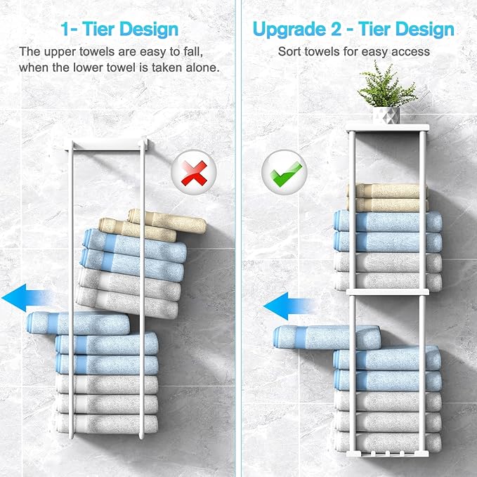 Towel Rack for Bathroom, Wall Mounted Vertical Rolled Towel Storage Organizer Holder with Shelf, Holds Up 6 Large Bath Sheets, White