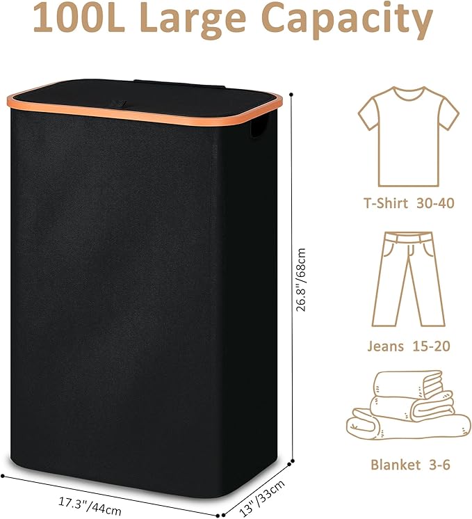 Slim Laundry Basket with Lid, Narrow Dirty Clothes Hampers for Laundry with Handle, Skinny Laundry Bin for Laundry Room, Dorm, Bedroom and Bathroom, 26.4 Gallon (100L) Black