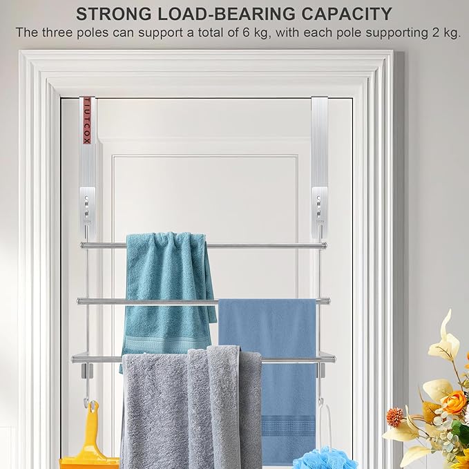 Over The Door Towel Rack, 304 Stainless Steel Towel Racks for Bathroom with 3-Tier Adjustable Pole, 2 Punch-Free Screw Stickers, 22.83 * 17.71-29.52 * 6.14 Inch, Red