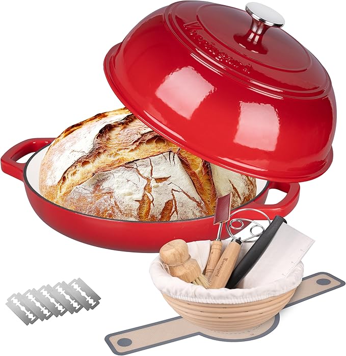 VORRINGARD Enameled Cast Iron Dutch Oven Pot with Lid, Bread Oven for Sourdough Bread Baking, Dutch Ovens with Bread Proofing Basket& Baking Supplies Set, 6 Quart, Red