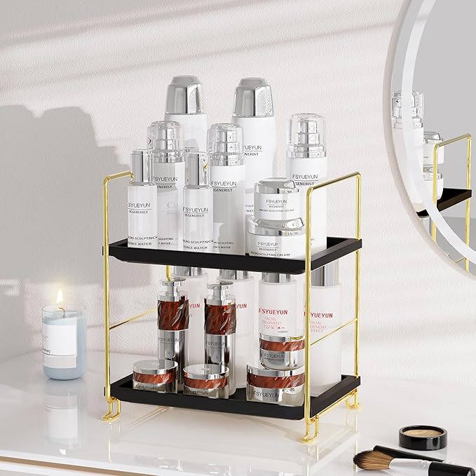 FSyueyun 2-Tier Bathroom Countertop Organizer, Tool-Less Installation Premium Plastics Makeup Shelf Organizer Perfume Skincare for Dresser Vanity Tray Organizers and Storage (Gold & Black)