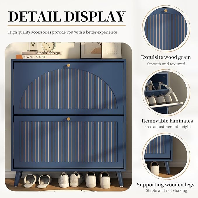 Shoe Storage Cabinet for Entryway with 2 Flip Drawers, Narrow Wood Shoe Cabinet with Fluted Panel, Freestanding Hidden Shoe Organizer for Foyer, Hallway (Blue - with Shelf)