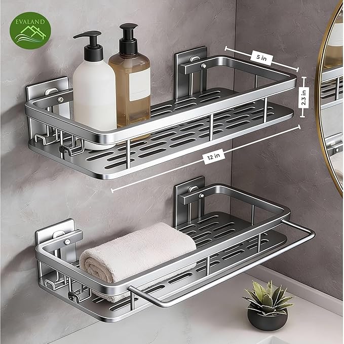 EVALAND Shower Caddy Adhesive 2-Pack with Hooks and Rod for Towels, Silver – Premium Bathroom Shower Shelves, Shampoo Organizer, Bathtub Shelf, Rustproof, Easy Installation, Sturdy Modern Look