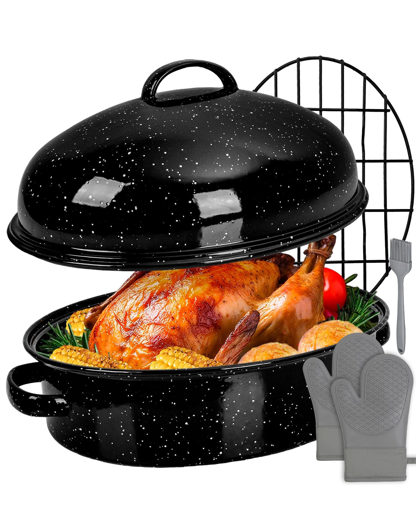 MCCSI Turkey Roasting Pan with Lid & Rack, 18" Enamel Large Roaster Pan Set