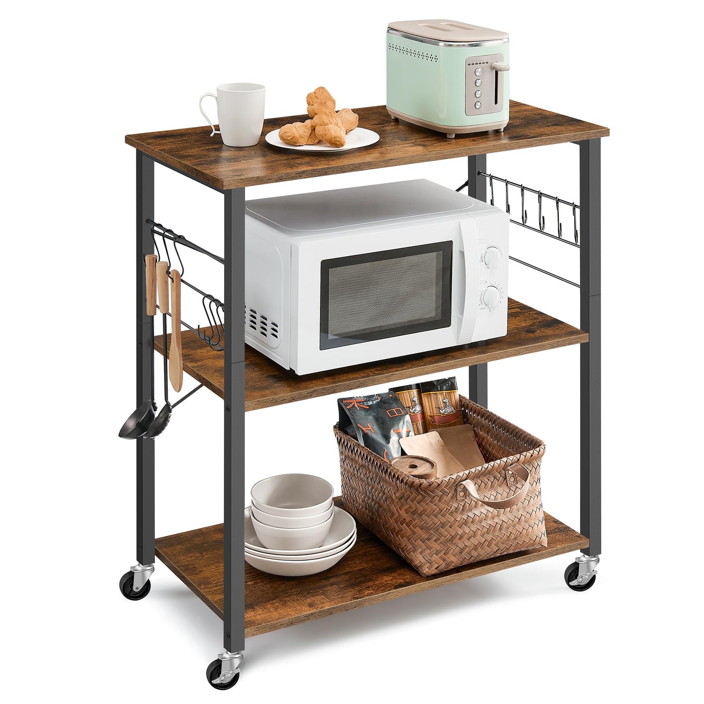 VASAGLE Kitchen Shelf on Wheels, 31.5 Inches Serving Cart with 3 Shelves