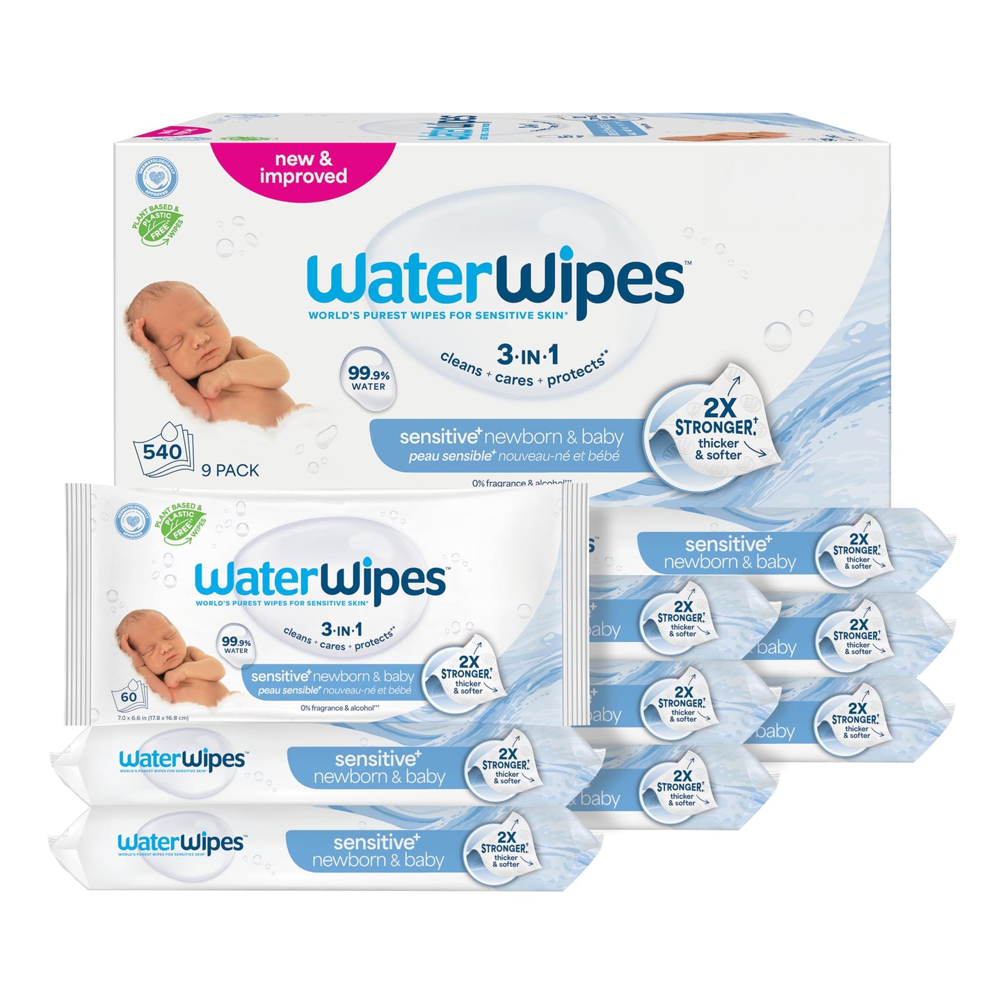 WaterWipes Sensitive+ Newborn & Baby Wipes, 3-In-1 Cleans, Cares, Protects, 99.9% Water, Unscented & Hypoallergenic, 1080 Count (18 Packs)
