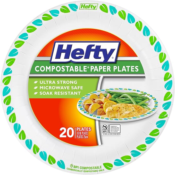 Hefty Compostable Paper Plates, 8.6 Inches, 30 Count, Patterned Disposable Plates for BBQs, Parties, Holidays, Potlucks, and Everyday, Soak-Resistant, Made with Plant-Based Materials, Microwave Safe