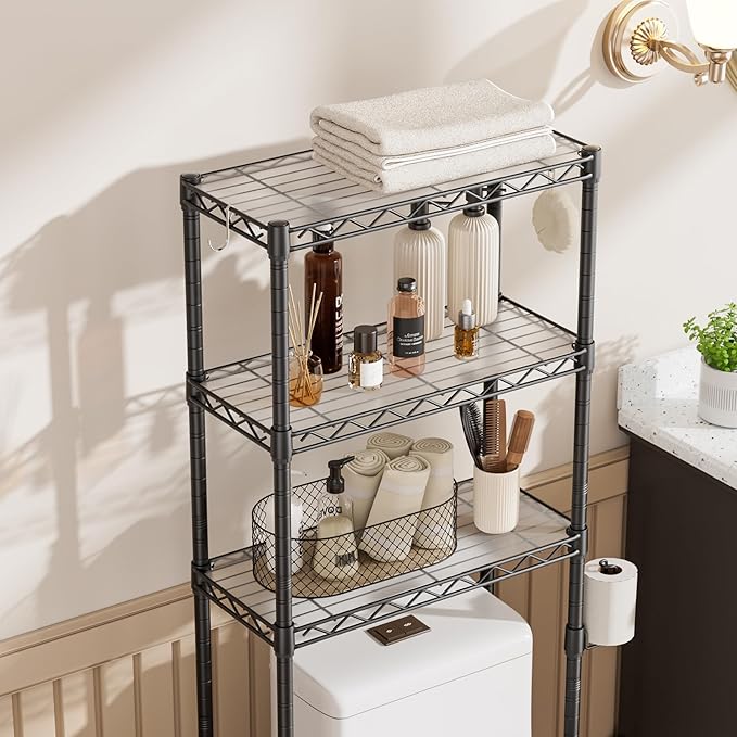 SINGAYE Over The Toilet Storage Shelf：3-Tier Bathroom Organizer and Storage Shelf with Adjustable Shelf and Basket Freestanding Space Saver Above Toilet for Room Black