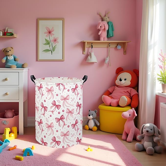 HIYAGON Butterfly Baby Laundry Basket Baby Hamper for Nursery Girl Kids Butterfly Hamper Cute Kids Toys Storage Bin Organizer Butterfly Room Decor for Home(Pink Bowknot)
