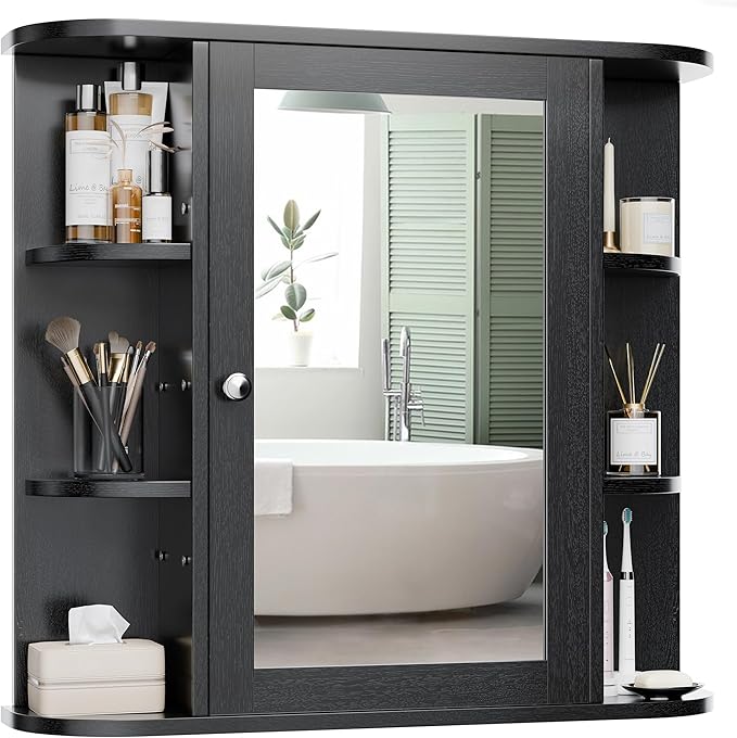 Meilocar Bathroom Mirror Cabinet Wall Mounted, Bathroom Medicine Cabinet with Mirror and 6 Open Shelves, Modern Wall Cabinet, Black