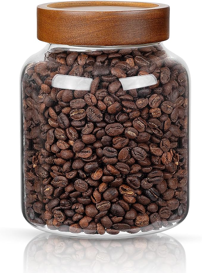piconesper 2PCS Small Glass Storage Jars with Airtight Lids, 11 fl oz (300ml) coffee container with Wooden Lid, Glass Pantry Canister for Beans, Rice, Sugar and etc