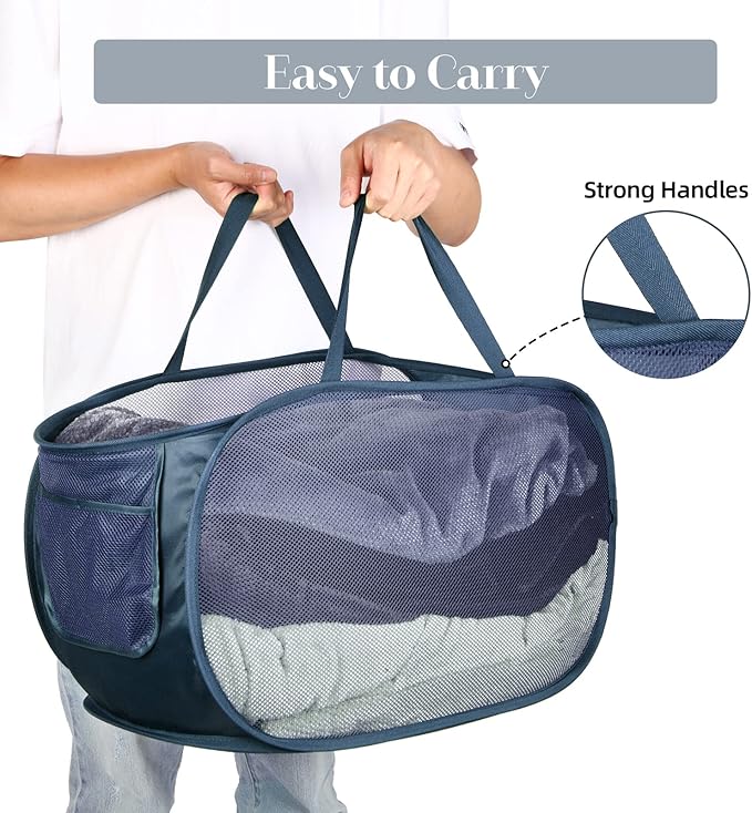 Durable Collapsible Laundry Baskets, Mesh Pop Up Laundry Hamper with Side Pocket, Foldable Clothes Hamper with Reinforced Carry Handles for Laundry, Bathroom, Kids Room, Dorm, Travel 2 Pack Navy Blue