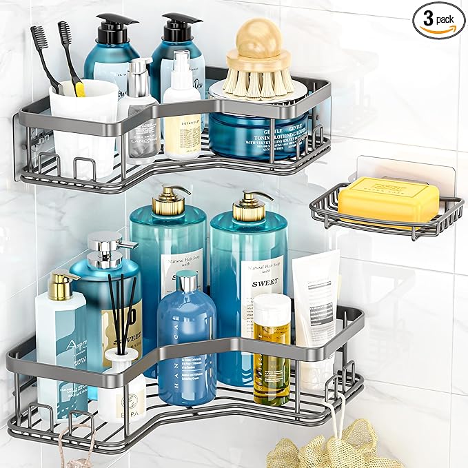 MAXIFFE 3 Pack Corner Shower Caddy with Soap Holder, Large Capacity Sturdy Easy Install No Drilling Stainless Steel Hold 40 LBS Shower Organizer Shelves Rack Storage for Family Renters Bathroom, Grey