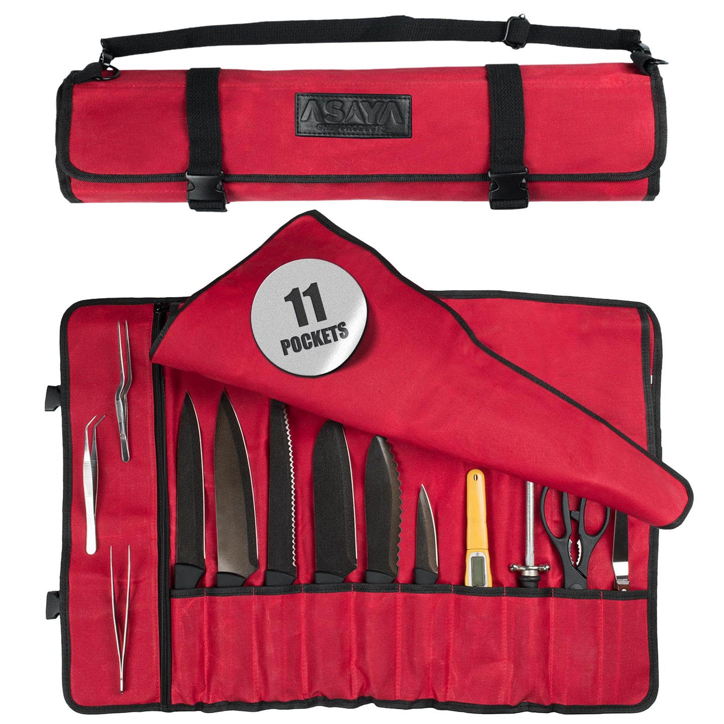 Asaya Waxed Canvas Chef Knife Roll Bag with 10 Slots and a Zipper Pocket - Professional Chef Knife Bag & Storage Case, with Shoulder Strap - Knives Not Included (Forest Green)