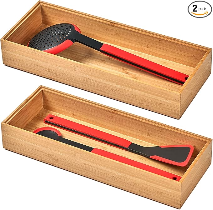 Umilife Bamboo Kitchen Utensils Organizer, Extra High Silverware Drawer Holder, Flatware Cutlery Storage Box, Multi-Use Drawer Divider in Office, Bathroom, Pantry - 12"x6"x2.5" (Set of 2)