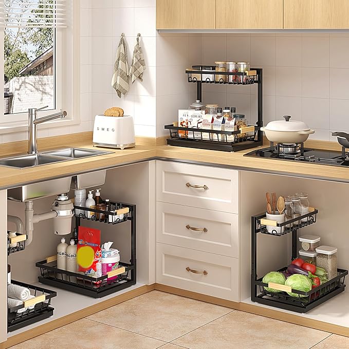 2 Packs Under Sink Organizer, Height Adjustable 2 Tier Under Kitchen Sink Organizer, Multi-Purpose Storage Shelf for Kitchen Bathroom Cabinet (Black, Large)