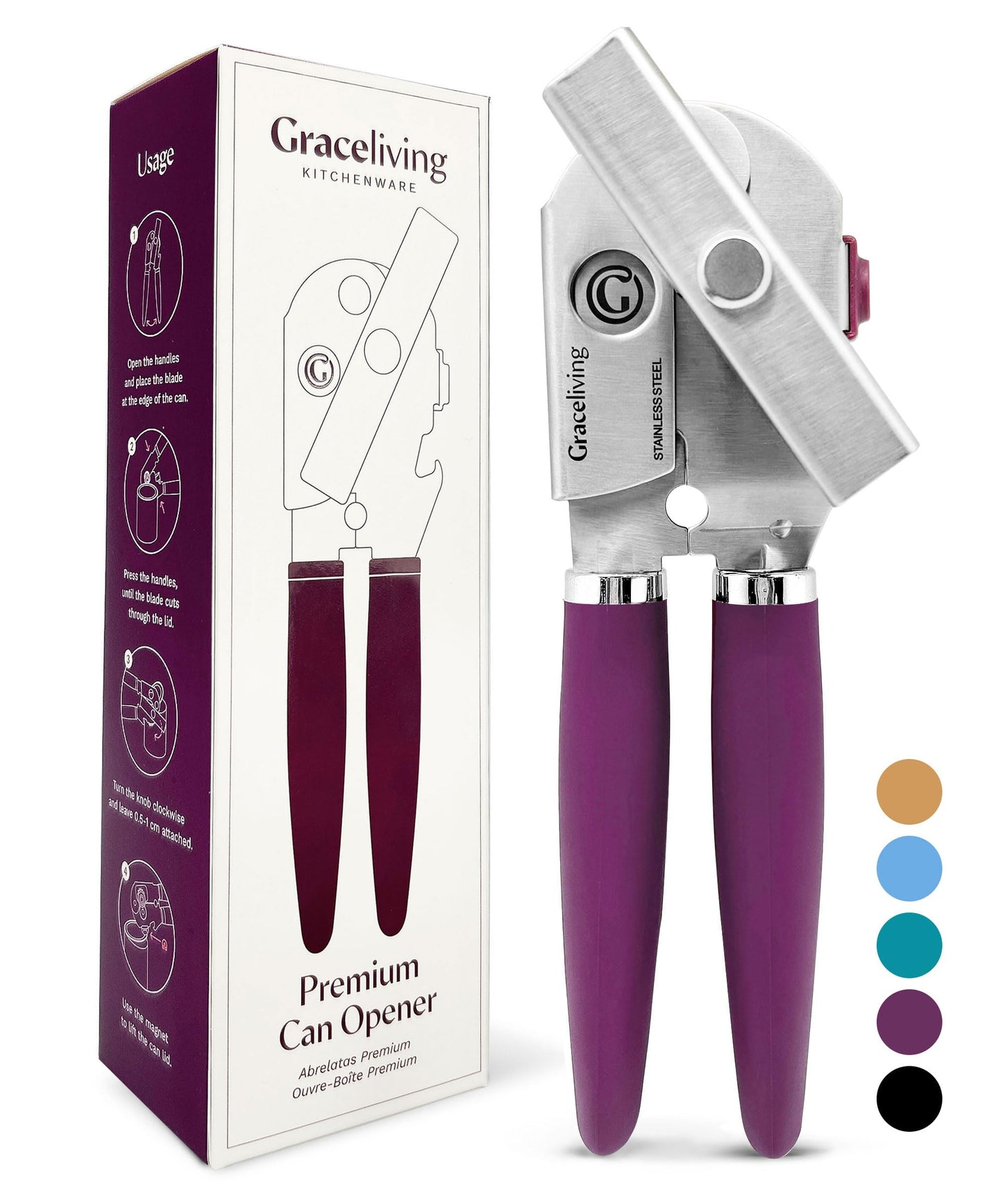 Graceliving Heavy Duty Manual Can Opener with Magnetic Lid Lifter, Orange
