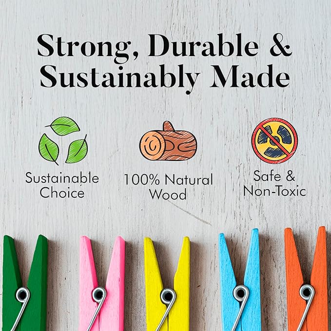 Zeno Black Clothes Pins Wooden – 50 Pack Wooden Clothespins 2.9 Inch with Rust-Resistant Coil, Natural Wood Clips for Laundry, Hanging Clothes, Crafts & DIY, Black