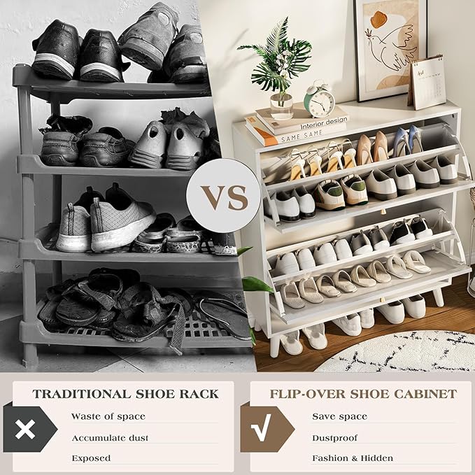 Shoe Storage Cabinet for Entryway with 2 Flip Drawers, Narrow Wood Shoe Cabinet with Fluted Panel, Freestanding Hidden Shoe Organizer for Foyer, Hallway (White - with Shelf)
