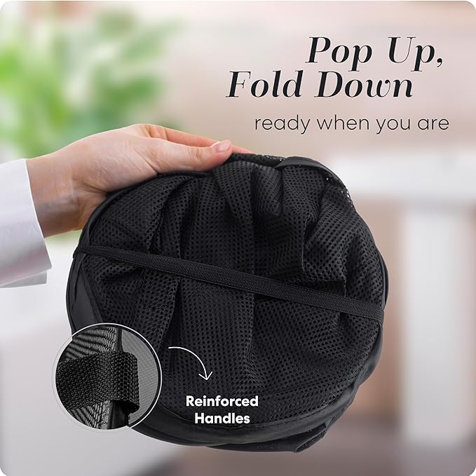 Handy Laundry Mesh Popup Hamper - Two Compartments, Collapsible for Storage and Easy to Open. Folding Pop-Up Clothes are Great for The Kids Room, College Dorm or Travel. (Black)