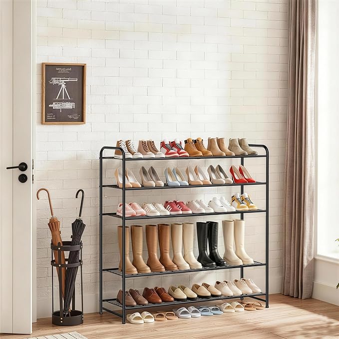 AOODA Long 6 Tier Metal Shoe Rack for Closet Wide Stackable Shoe Storage Organizer for Entryway, Bedroom, Floor, 42-Pairs Men Sneakers Shoe Shelf with Wire Grid, Black