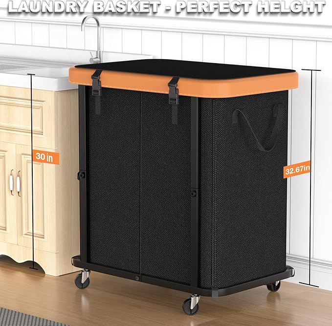 190L (50 Gal) Large Fashion Laundry Basket with Wheels, Leather Patchwork Rolling Hamper Carts, Sturdy Metal Frame, Removable Washable Bag, Tall Clothes Sorter for Bedroom - 2 Setion Black