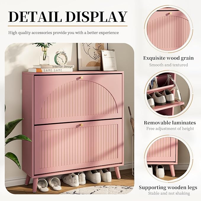 Shoe Storage Cabinet for Entryway with 2 Flip Drawers, Narrow Wood Shoe Cabinet with Fluted Panel, Freestanding Hidden Shoe Organizer for Foyer, Hallway (Pink - with Shelf)