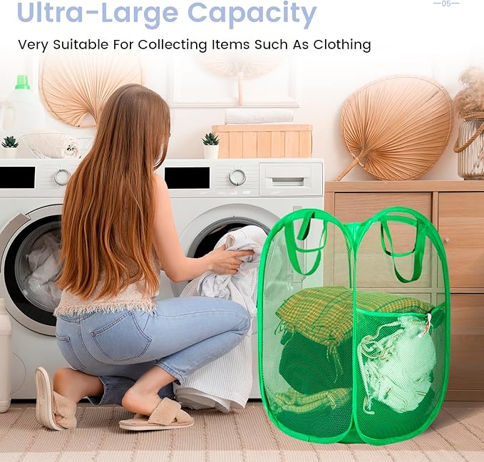 HOUSE AGAIN 2 Pcs Pop Up Laundry Hamper, Strong Mesh Laundry Baskets Collapsible, Hamper with Handles and Side Pocket, Portable Foldable Dirty Clothes for Dorm, Laundry room and Travel Storage, Green