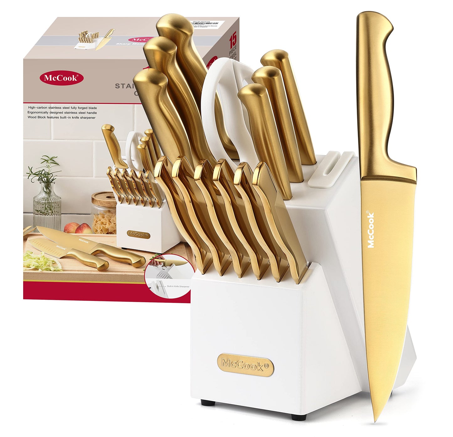 McCook® Kitchen Knife Sets, Golden Titanium Stainless Steel Knives Block Set with Built-in Sharpener, 20 Piece Knives, Restaurant Grade Sharp, Elegant Gold & Stylish Wooden Block for Modern Culinary