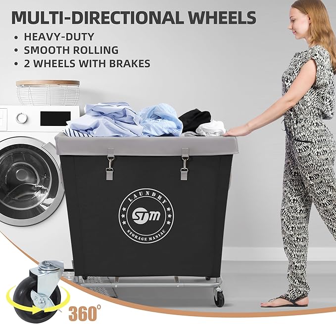 STORAGE MANIAC Commercial Laundry Hamper with Heavy Duty Steel Frame, 320 L Industrial Laundry Basket Cart with Wheels for Hotel, Home, Laundry Room, 31.7''L x 19.3''W x 30.91''H, Large Black