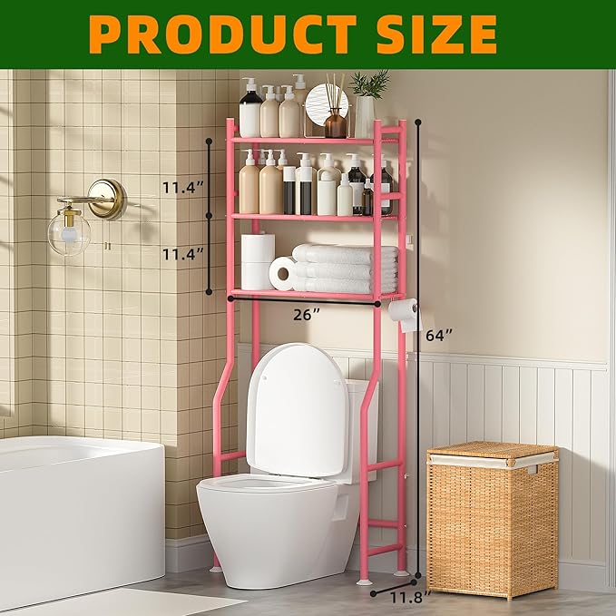3-Tier Over The Toilet Storage, Space Saver Metal Bathroom Shelves, Freestanding Above Over Toilet Storage Shelf with 4 Hooks for Bathroom, Pink