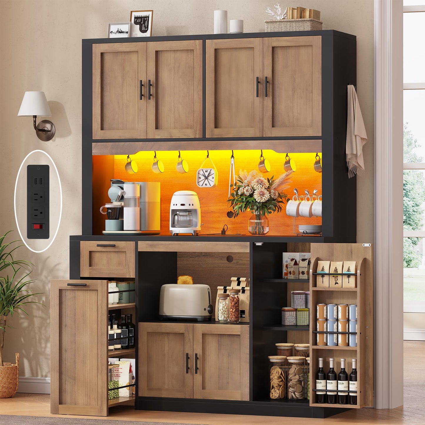 Itaar 71" Pantry Cabinet with Charging Station and LED Light, Kitchen Pantry Cabinet with Microwave Stand, 47.2" Wide Kitchen Storage Cabinets with Storage Cart 3 Tier for Dining Room, Grey