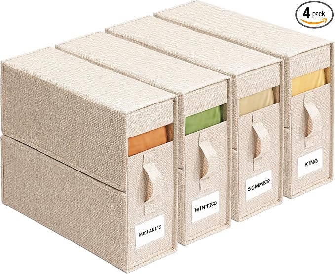 4 Pack Sheet Storage Organizer (King & Queen Size) with handle, Foldable Sheet Set Organizer for Linen Closet, Sheet Organizer for Blanket, Coverlet and Towel, Beige