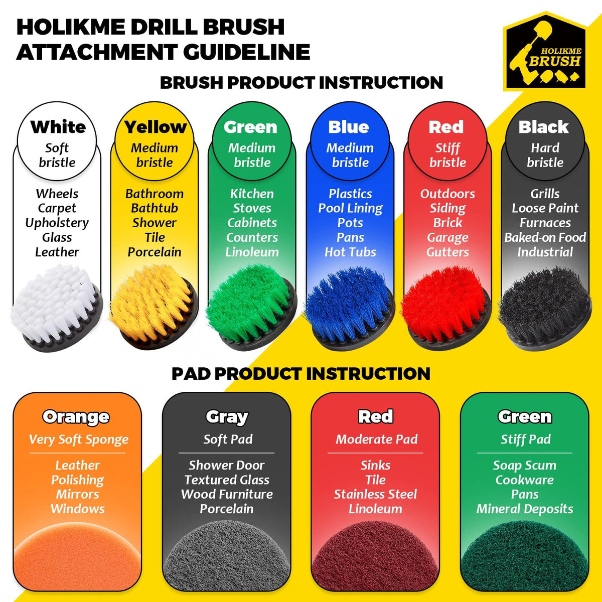 Holikme 45 Piece Drill Brush Attachment Set Scrub Pads Scouring Pads Power Scrubber Brush with Extend Long Attachment All Purpose Clean for Car Detailing，Grout, Tiles, Bathroom, Kitchen