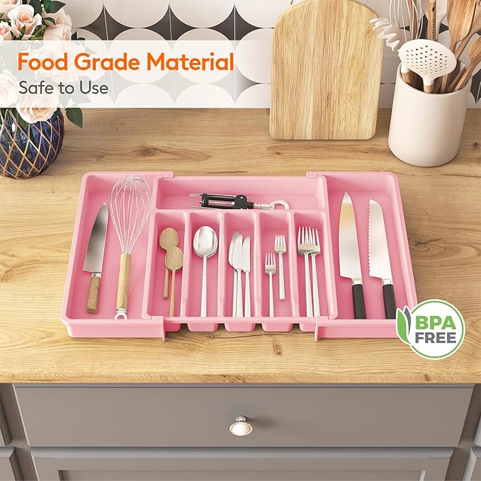 Lifewit Silverware Drawer Organizer, Expandable Utensil Tray for Kitchen, BPA Free Flatware and Cutlery Holder, Adjustable Plastic Storage for Spoons Forks Knives, 13-22 x 15", Pink