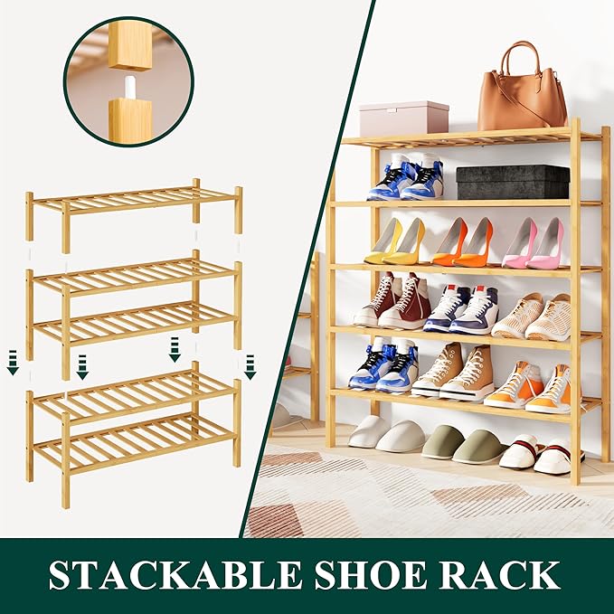 Smiry Shoe Rack, 4 Tier Bamboo Shoe Organizer, Stackable Free Standing Wooden Shoe Storage Shelf for Closet, Entryway, Front Door Entrance, Natural