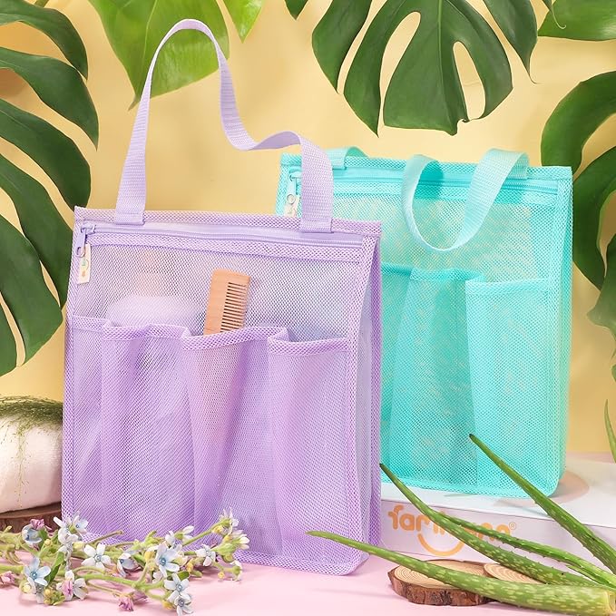 Portable Mesh Shower Caddy, Gym Travel Camp Dorm Room Essentials for College Student Girl, Purple Bathroom Shower Bag