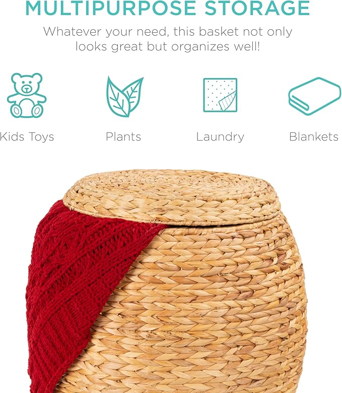 Best Choice Products Vintage Multipurpose Hyacinth Storage Basket, Plant Décor, Handwoven Organizer Tote for Bedroom, Living Room, Bathroom, w/Lid - Natural